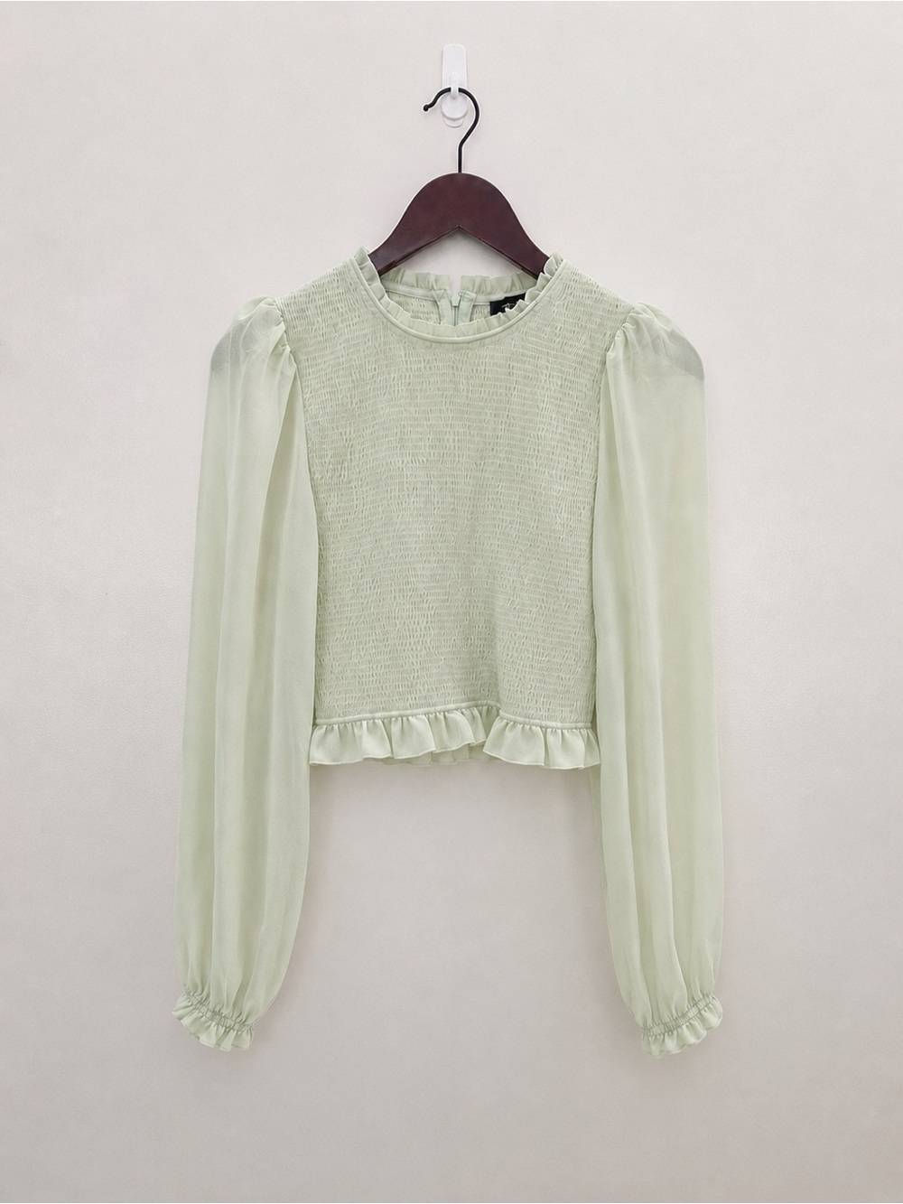 Truth by Republic Smocked Puff Sleeve Crop Top Sage Green Sheer Long Sleeve